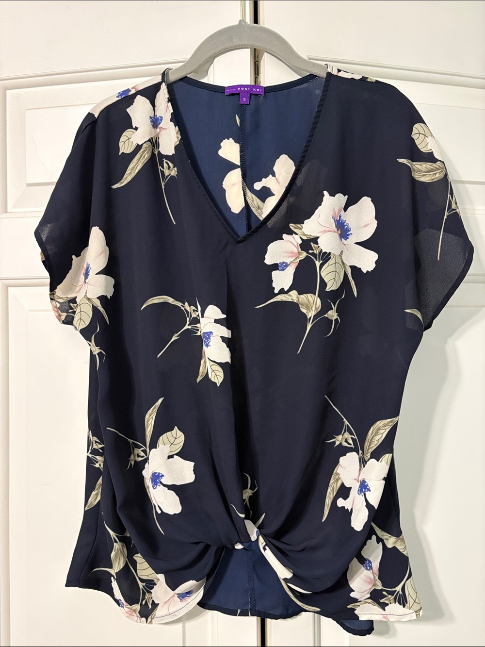 West Kei Navy Floral V-Neck Twist Front Blouse